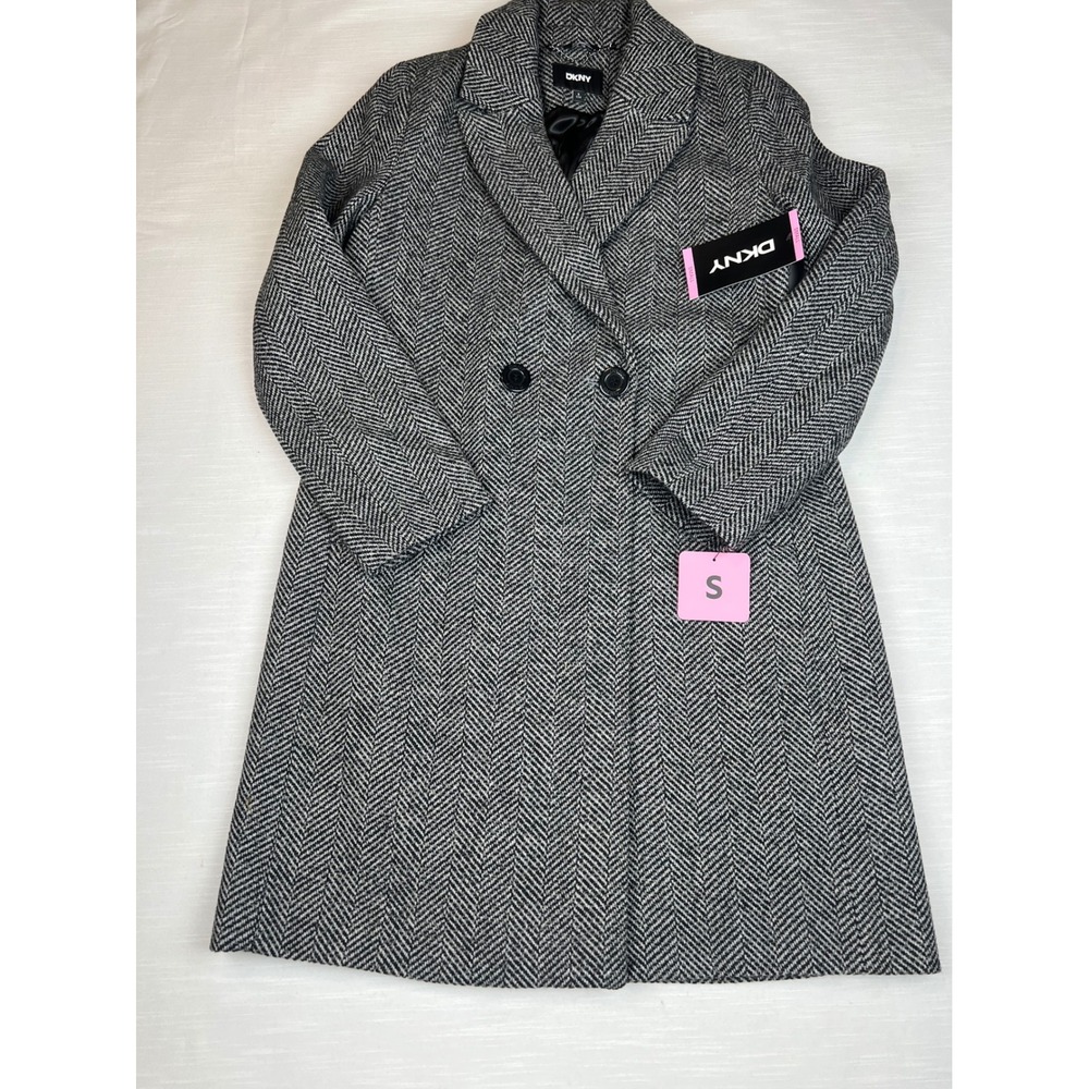 DKNY Womens Herringbone Double Breasted Coat Small NWT dark academia minimalist